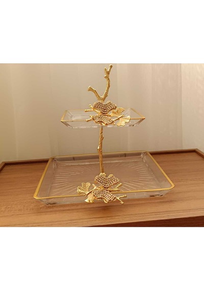 Elta Collection 2 Katlı Döküm Aksesuarlı Yaldız Detaylı Kare Servis Tabağı Sunumluk Kurabiyelik Şeffaf