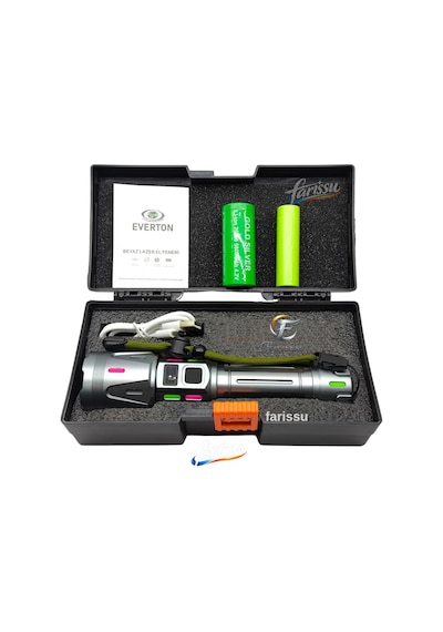 Ultra Güçlü Beyaz Lazer Led El Feneri - 2 Km Menzilli & Powerbank Özellikli Çift Pil Setli Gri