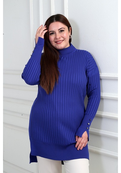 By Saygı Kadın Kolları Düğme Detaylı Büyük Beden Fitilli Tunik Bluz Saks
