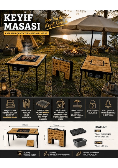 Mangal Masası, Piknik Masası, Taşınabilir Kullanışlı Keyif Masası, Mutfak Masası, Yemek Masası Ahşap