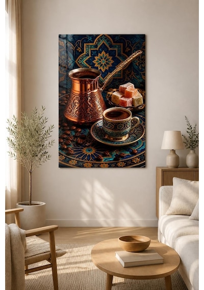 Türk Kahvesi Desenli Baskılı Cam Tablo Bakır Cezve Ve Lokum Dekoratif Duvar Tablosu