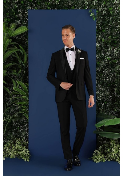 Efor Black 069 Slim Fit Yelekli Çıkarılabilir Saten Yaka Çift Yırtmaçlı Siyah Damatlık Smokin Takım Siyah Efor Black 069 Slim Fit Yelekli Çıkarılabilir Saten Yaka Çift Yırtmaçlı Siyah Damatlık Smokin Takım Siyah