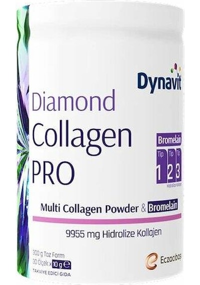 Dynavit Diamond Collagen Pro Multi Collagen Powder Bromelain Hidrolize Peptit Tip 1-2-3 Kolajen Brom 300 Gr