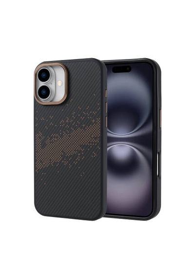 Lexroo İphone 16 Plus Mag Safe Şarj Özellikli Karbon Fiber Tasarımlı Vave Tpu Sert Pc İnce Kılıf - Gold
