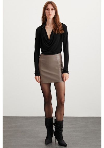Grimelange Elsıe Kadın Slim Fit Dar Kalıp Deri Görünümlü Fermuarlı Mini Vizon Etek