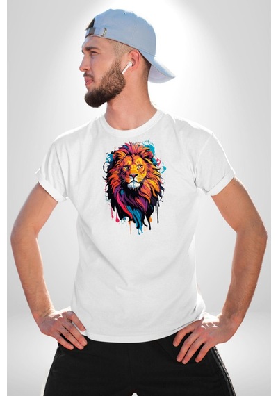 Renkli Yağlı Boya Aslan Unisex Unisex Beyaz Organik Baskılı T-shirt Penye Yüksek Kalite Beyaz