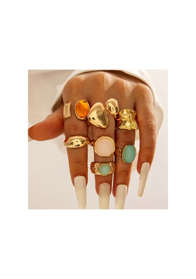 Susie Model 8'li Set Pastel Doğal Taş Görünümlü Vintage Gold Yüzük Kombini Bronz