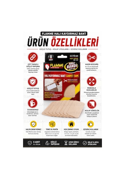 Halı Kaydırmaz Bant 8 Adet 4x10 Cm Çift Taraflı Güçlü Yapışkan Hazır Kesilmiş İz Bırakmayan Halı Sab
