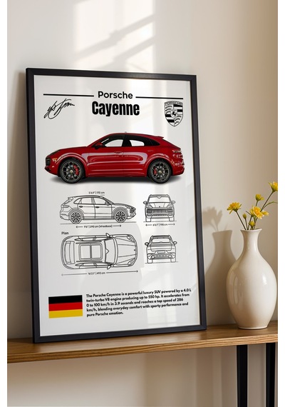 Porsche Cayenne Tablo - Teknik Özellikli Lüks Suv Poster - Çerçeveli Duvar Dekoru - Araba Blueprint Siyah