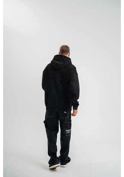 Luz&pos Erkek Uzun Kol Kapşonlu Yıkamalı Nakışlı Sweatshirt - Siyah Siyah