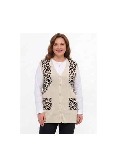 Onno Style Women Simli Leopar Desen Klasik Düğmeli Yelek Taş