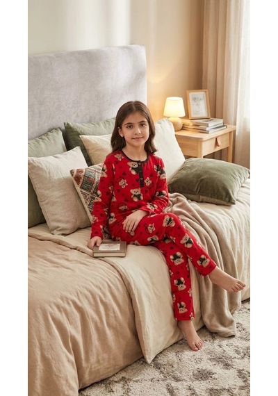 Biçomi Kaşıntı Ve Tahriş Önleyici %100 Pamuk Kalpli Ayıcık Çocuk Pijama Takımı Kırmızı