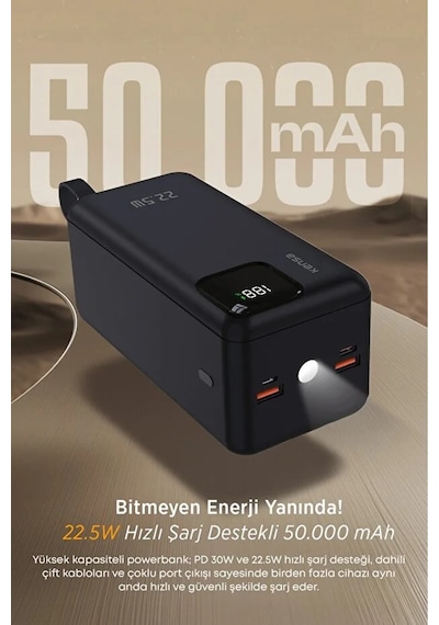 50.000 Mah Dijital Göstergeli Dahili Çoklu Kablolu Powerbank Süper Hızlı Şarj Taşınabilir Şarj Siyah