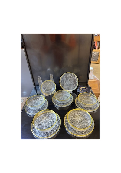 Tasarım Çerez Takımı, Cam Yaldızlı 6'lı 12 Parça Çerez Seti, 6 Kase, 6 Mini Servis Tabağı Gold