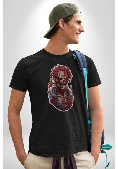Zombi Kırmızı The Walking Dead Unisex Unisex Siyah Organik Baskılı T-shirt Penye Yüksek Kalite Siyah