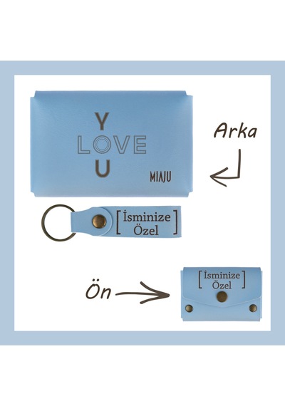 Miaju Açık Mavi, I Love You Motifli, İsme Özel Cüzdan Ve Anahtarlık Set, Arkadaşa Unutulmaz Hatıra Açık Mavi