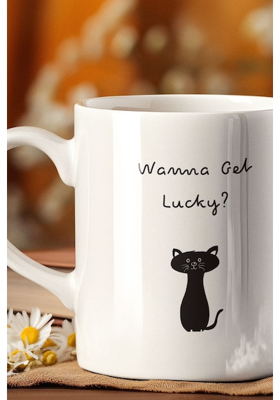 Wanne Get Lucky Şans Kedisi Baskılı Eğlenceli Beyaz Kupa Bardak