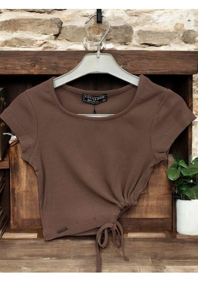 Zekids Kız Çocuk Crop Yandan Pencereli Bluz-14395 Kahverengi