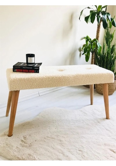 Ahşap Ayaklı Handmade Geniş Oturum Alanlı Krem Welsoft Kumaş Pofidik Puf Bench ,ayak Ucu Uzatmalık Krem