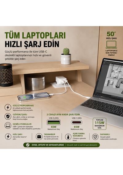Sbs 65w Gan Katlanabilir Şarj Adaptörü Usb-c Pd 65w + Usb-a 18w Katlanabilir Fiş Laptop, Tablet Ve Telefon Uyumlu