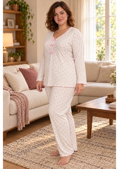 Seboteks Mevsimlik İnce Kumaş Kalp Desenli Uzun Kollu Büyük Beden Kadın Pijama Takımı 3177 Ekru Seboteks Mevsimlik İnce Kumaş Kalp Desenli Uzun Kollu Büyük Beden Kadın Pijama Takımı 3177 Ekru