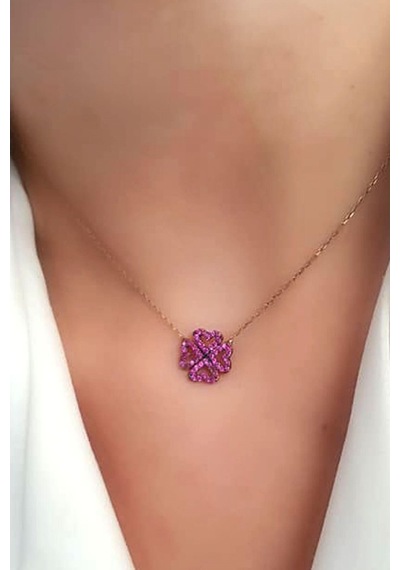 Pembe Zirkon Taşlı 925 Ayar Gümüş Rose Yonca Kolye