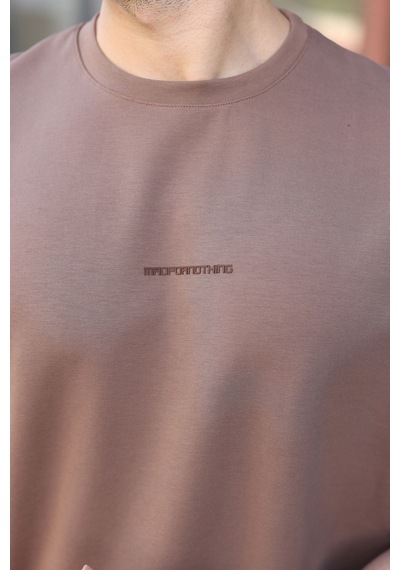Madmext Kahverengi Bisiklet Yaka Oversize Erkek Tişört E7176