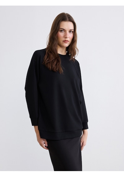 Lcw Comfort Siyah Bisiklet Yaka Taşlı Kadın Sweatshirt