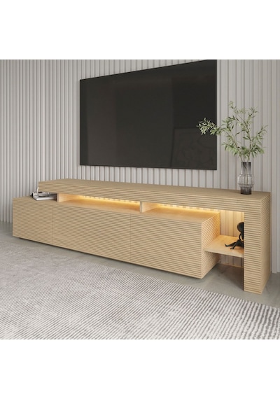 Beliz Modern Led Işıklı 3 Kapaklı, Raflı Tv Sehpası 192 Cm Sıcak Meşe/safir Meşe