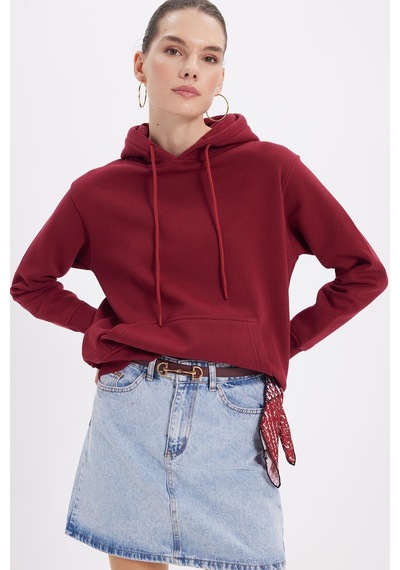 Tudors Kadın Relax Fit Rahat Kesim Pamuklu Kapüşonlu Kanguru Cepli Bordo Sweatshirt-39939 Bordo