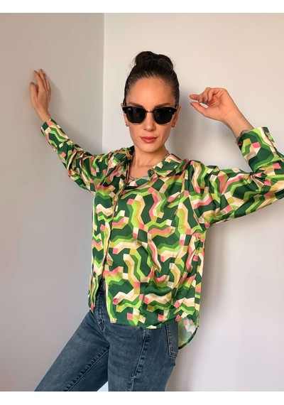 Ali Butik Retro Yeşil Desenli Saten Gömlek Yeşil