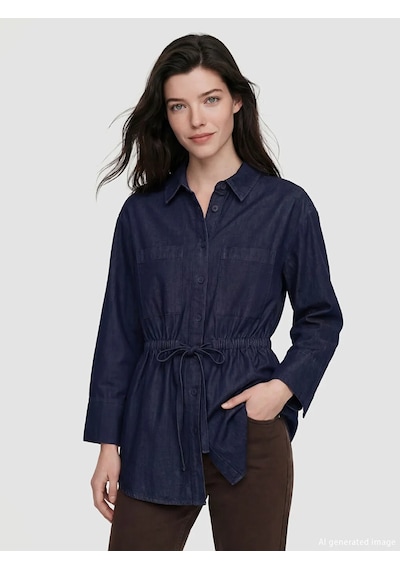 Lc Waikiki İndigo Büzgülü Kadın Jean Gömlek Tunik Indigo