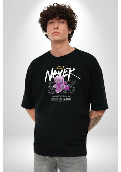 Asla Asla Deme Pamuklu Bisiklet Yaka Unisex Oversize Boyfriend Dijital Baskılı Siyah T-shirt Siyah