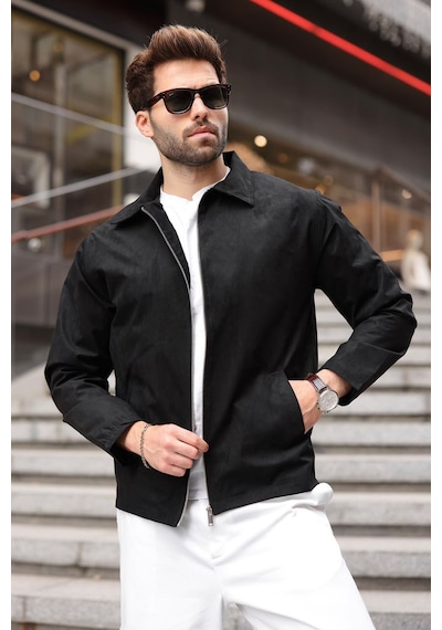 Madmext Siyah Polo Yaka Süet Erkek Ceket E7221