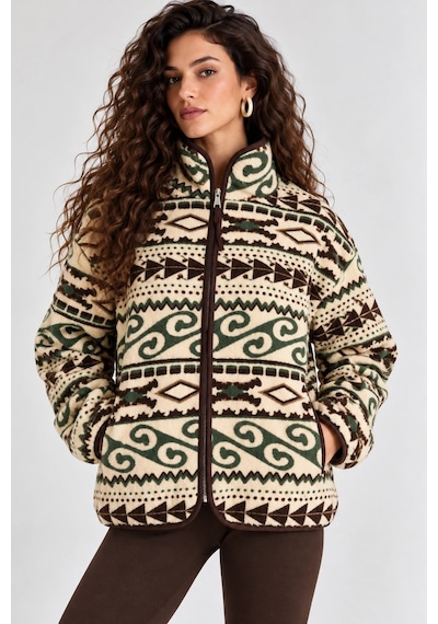 Mevese Esenli Dik Yaka Cepli Biyeli Kadın Polar Sweatshirt - Krem-yeşil