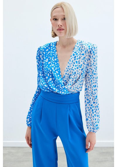 Sateen Kruvaze Desenli Bodysuit - Ekru-lacivert Ekru - Lacivert