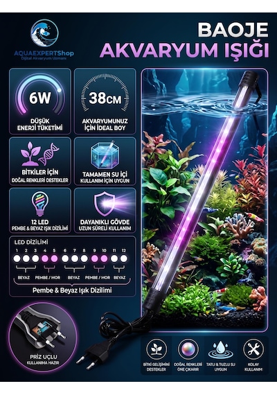 Akvaryum Işığı - Bitki Işığı - Balık Işığı - Tamamen Su İçinde Kullanılabilir - 12 Led - Pembe Beyaz - 38 Cm - Güçlü Aydınlatma - 6w