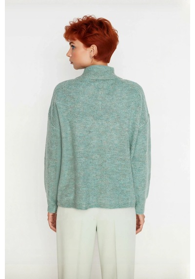 Ersefa Kadın Oversize Basic Dokulu Uzun Kollu Fermuarlı Dik Yaka Selanik Mint