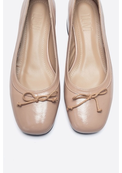 Luvi Shoes Gıpsy Koyu Bej Kırışık Rugan Fiyonklu Kadın Kısa Topuklu Ayakkabı