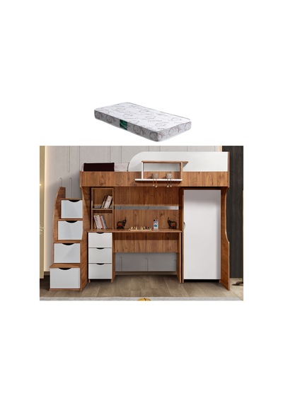 Ranza, Litera Ranza Dolap Çalışma Masası Koyu Ceviz - Beyaz + 1 Adet Comfort Yatak 90 x 190 Cm Ranza, Litera Ranza Dolap Çalışma Masası Koyu Ceviz - Beyaz + 1 Adet Comfort Yatak 90 x 190 Cm