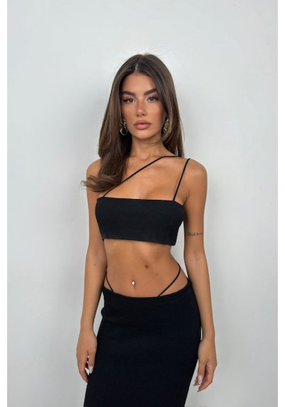 Tanla Butik Askı Detay Straplez Dokulu Crop Siyah