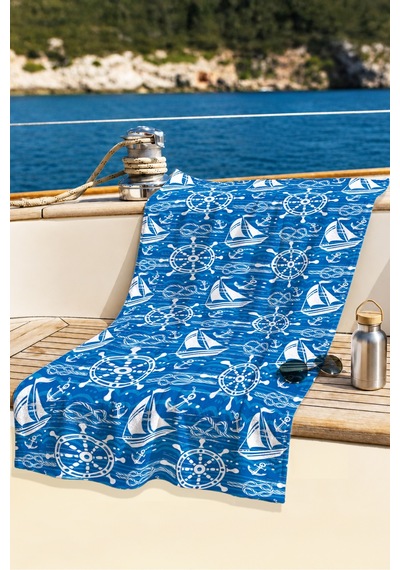 Yelkenli Çapa Dümen Temalı Plaj Havlusu-marine Mavi Beyaz Havuz Deniz Hızlı Kuruyan Mikrofiber Havlu Kuru Mimoza