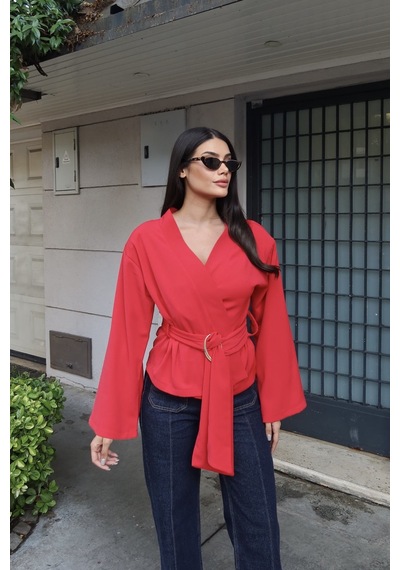 Kechi Woman Krep Kumaş Kruvaze Kemerli Kimono Bluz Kırmızı