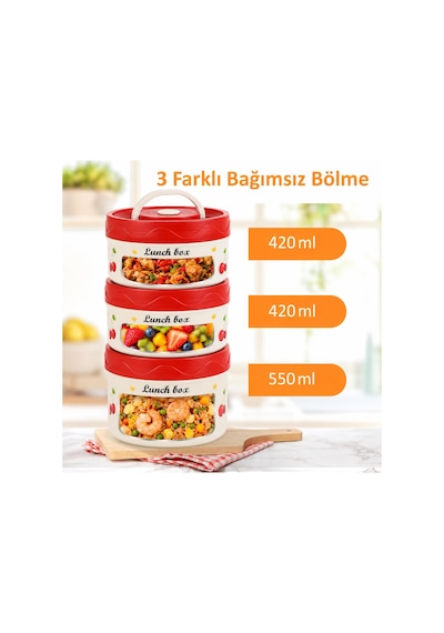 Valkyrie 3 Katlı Paslanmaz Çelik Kirazlı Yemek Termosu Lunch Box 1390 Ml Taşıma Çantalı Isı Yalıtımlı Kırmızı