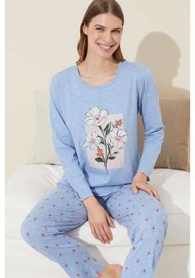 Siyah İnci Pamuklu Örme Pijama Takım 24240124 mavi