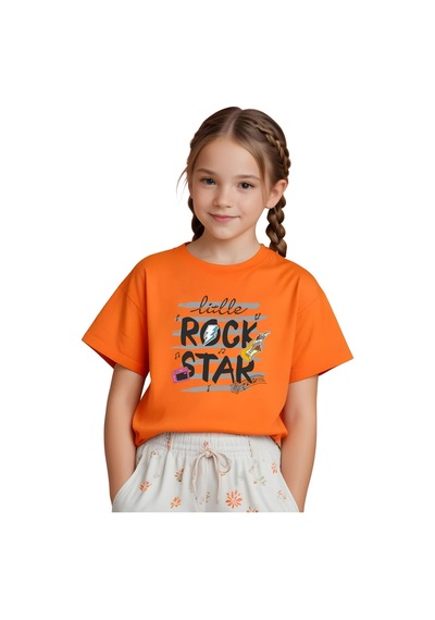 Panios Kids Little Rock Baskılı Kız Çocuk Kısa Kollu T-shirt Turuncu