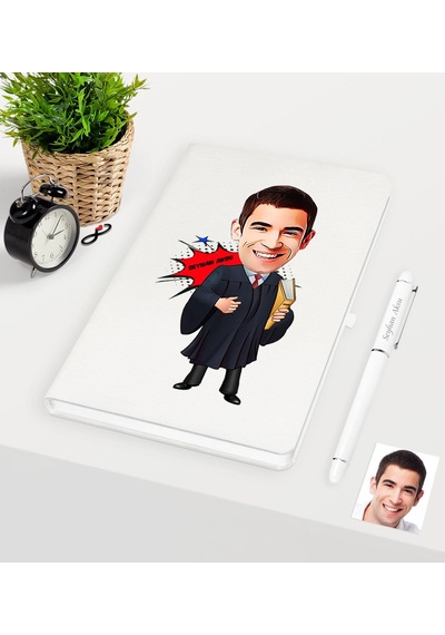 Kişiye Özel Bay Avukat Karikatürlü Beyaz Defter Kalem Seti - 1