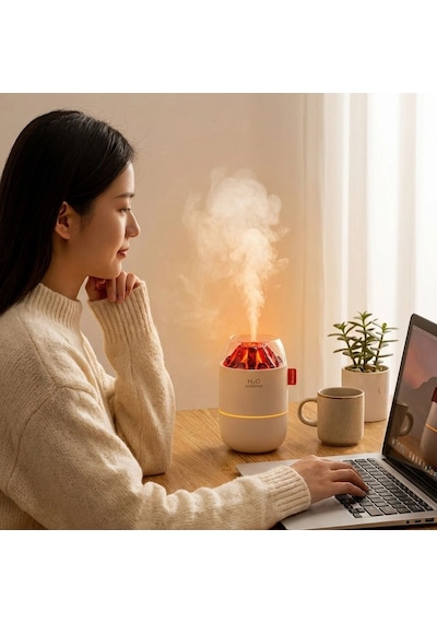 Buffer Ahşap Odun Ateşi Tasarımlı 280 Ml Ultrasonik Hava Nemlendirici & Aroma Difüzör Soğuk Buhar Makinesi, Led Işıkl