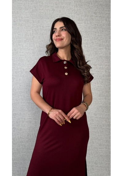 Efnaz Style Kadın Kısa Kollu Yakalı Yandan Yırtmaçlı Viskon Iki Iplik Elbise Bordo