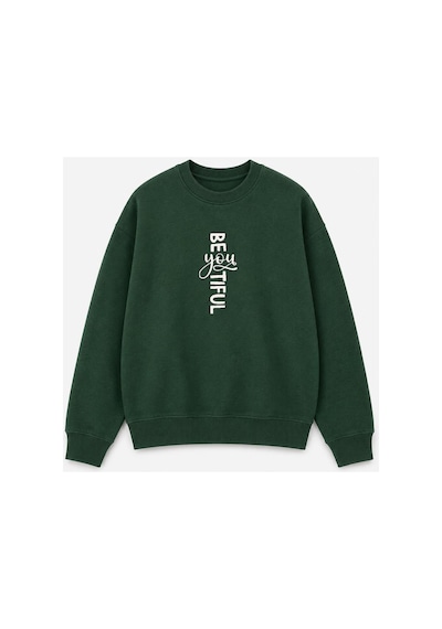 Herkesemoda Beatiful Yazılı Baskı Detaylı Şardonlu 2 İplik Bisiklet Yaka Sweatshirt Yeşil
